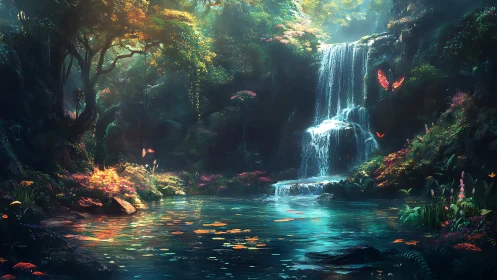 Luminescent forest waterfall rendered in high-fidelity digital painting