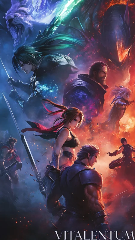 Fantasy heroes clash amid elemental fire and ice forces.