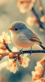 Songbird on flowering branch with soft background light.