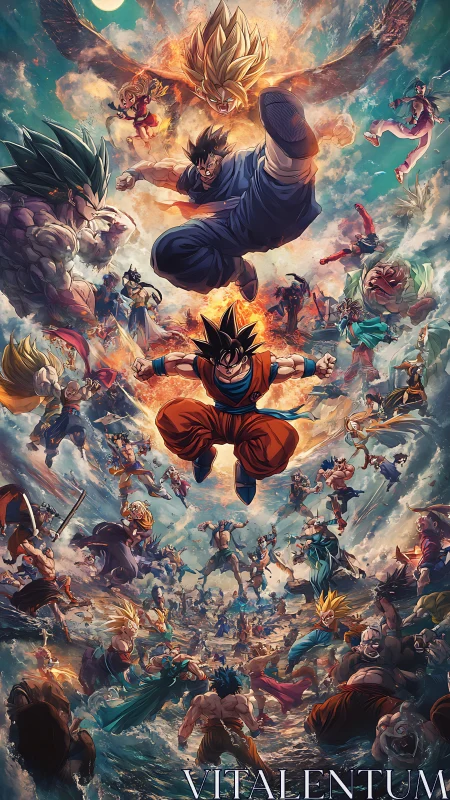 Explosive anime warriors clash amid swirling cosmic storm
