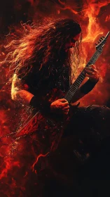 Electric guitarist in red fiery abstract digital scene.