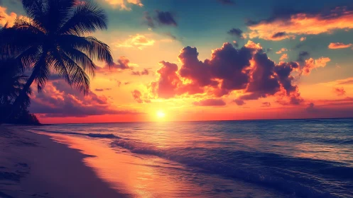 Tropical shoreline at sunset with palm silhouette and clouds.