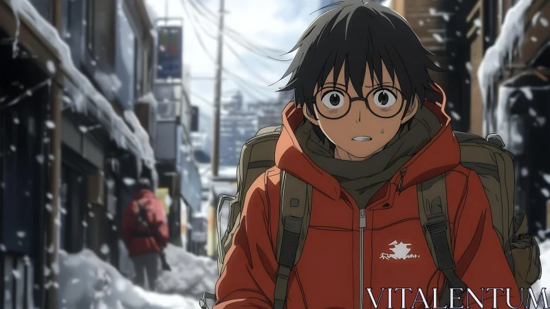 Young traveler walks through a snowy alley in quiet shock