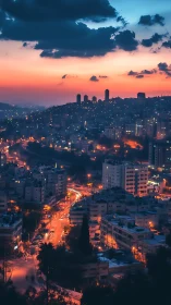 Photorealistic dusk cityscape with dynamic arterial lighting.