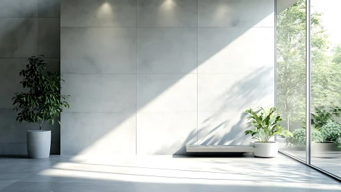 Concrete minimal interior with planar daylight and potted foliage