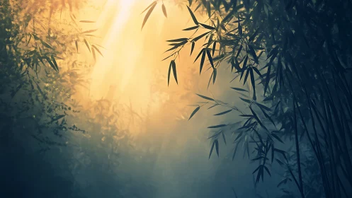 Sunlit bamboo canopy in mist with warm tonal contrast.