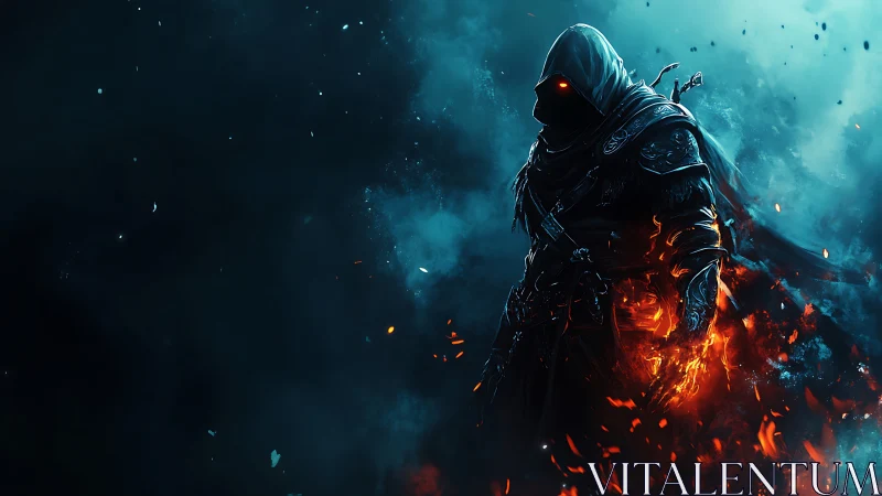 Hooded pyromancer in teal mist with erupting embers and fire