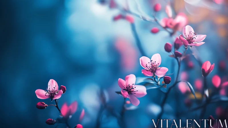 Pink Cherry Blossoms Blooming Against Dreamy Teal Canvas.