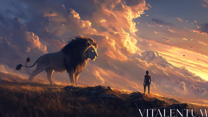 Lone boy confronts majestic lion under burning sunset sky