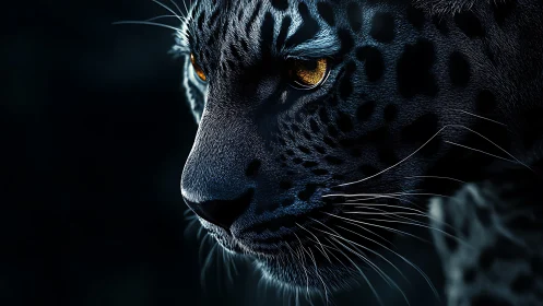 Black Leopard's Piercing Golden Gaze in Darkness.