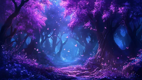 Enchanted Forest: Luminous Night Woodland with Glowing Blossoms