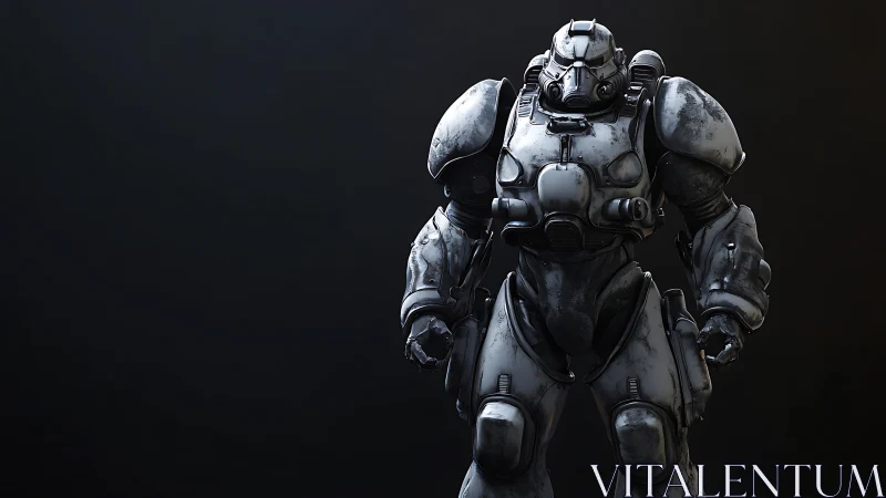 Heavily weathered exosuit mech rendered in high contrast PBR lighting
