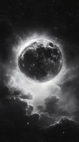 Luminous moon hangs like a silver lantern in stormy cosmos