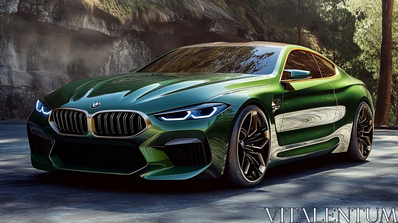 Green BMW sports coupe parked on sunlit forest road.