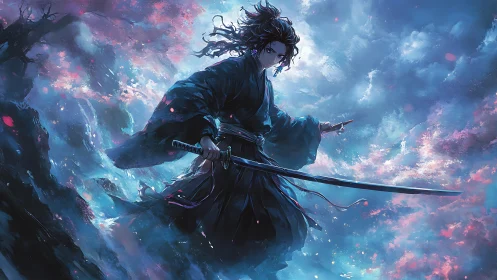 Stormlit samurai warrior cuts through glowing twilight sky.