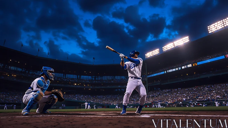 Evening baseball batter and catcher under stadium lights.