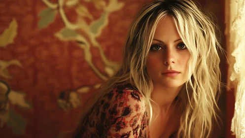 Woman with long blond hair before patterned wall background.