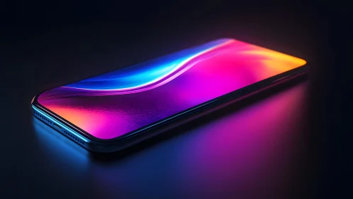 Sleek modern smartphone with vibrant neon display, digital art style.