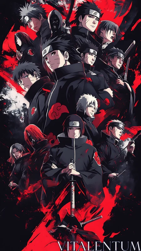 Group portrait of cloaked anime figures in red and black design