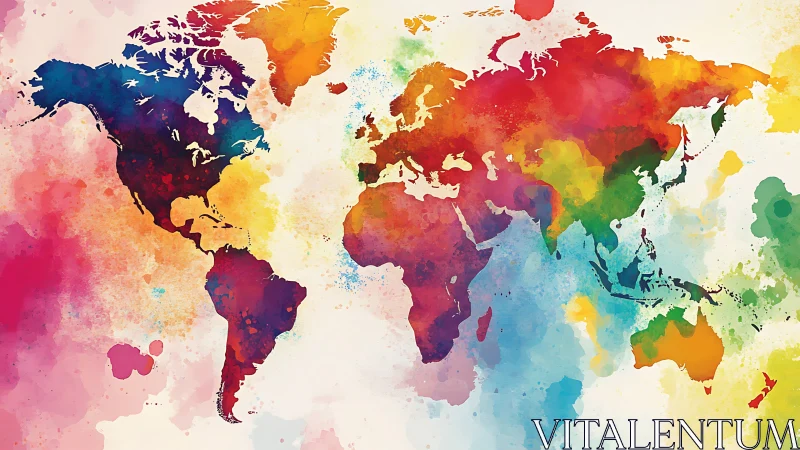 World map silhouette rendered in saturated watercolor washes