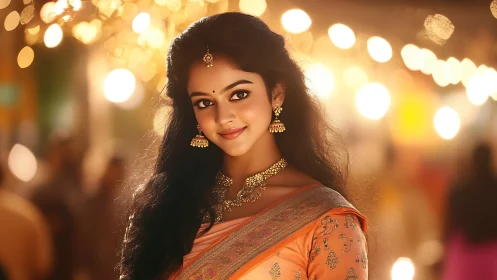 Portrait of woman in silk saree under warm festival bokeh