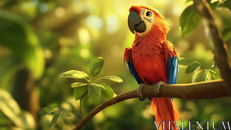Vibrant cartoon parrot on branch in sunlit jungle scene.