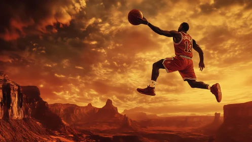 Basketball player soars over desert canyon at blazing sunset
