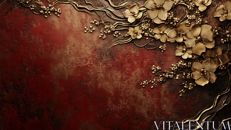 Gilded blossoms drifting across a crimson textured dusk.