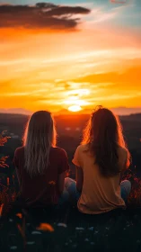 Two friends watch blazing mountain sunset in silence.