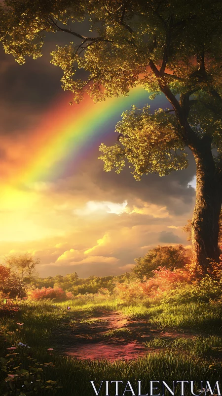 Golden hour meadow landscape with rainbow and backlit tree