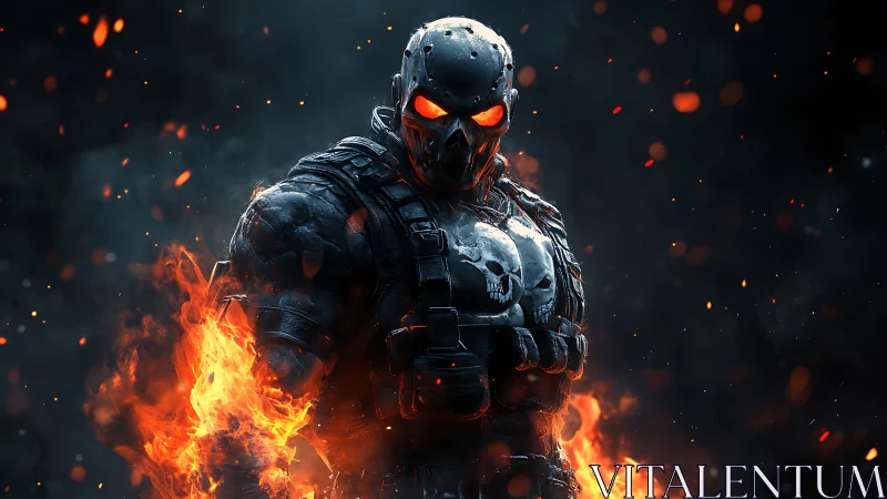 Armored skull warrior emerges from flames in a dark inferno