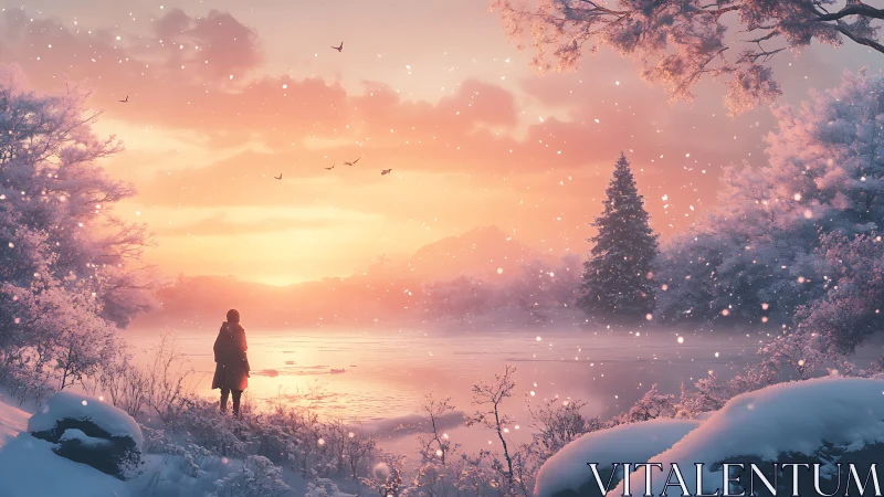 Person stands by frozen lake under vivid winter sunrise sky
