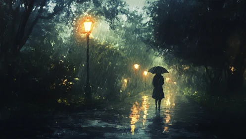 Solitary figure under lamplight walks through a rainy park.