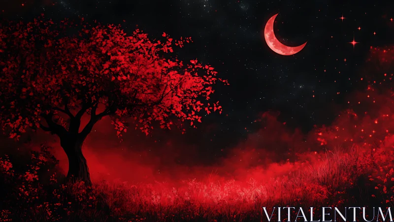 Scarlet moon hangs above a glowing red dreamscape night.