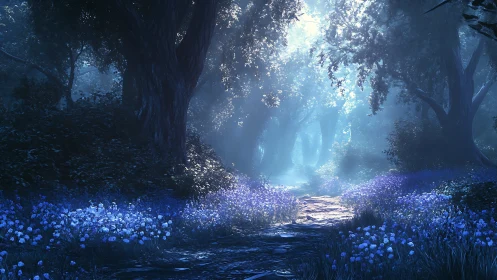 Luminescent Forest Path with Blue Wildflowers.