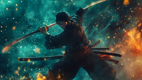 Storm-lit swordsman carves fire and embers from the night.