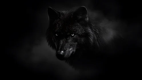 Black wolf head is rendered with high contrast lighting in dark