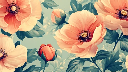Coral Dream Blossoms Dance Across Soft Teal Canvas.