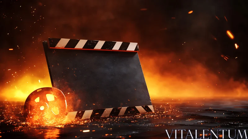 Cinematic clapboard and film reel emerge amid fiery backlight