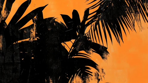Silhouetted palm foliage contrasts with textured orange ground