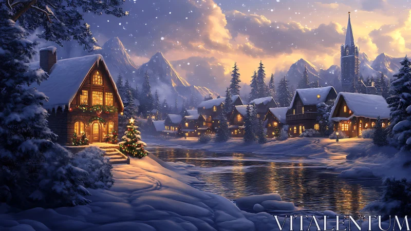 Snowlit alpine village with glowing Christmas cottages at dusk.