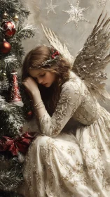 Snow-dusted Christmas angel beside illuminated fir tree.