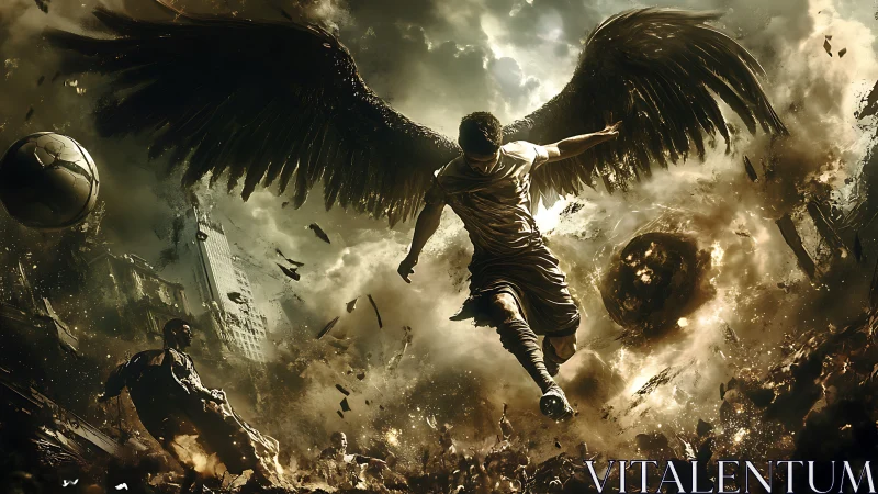 Winged street hero rises over stormy, shattered stadium skies.