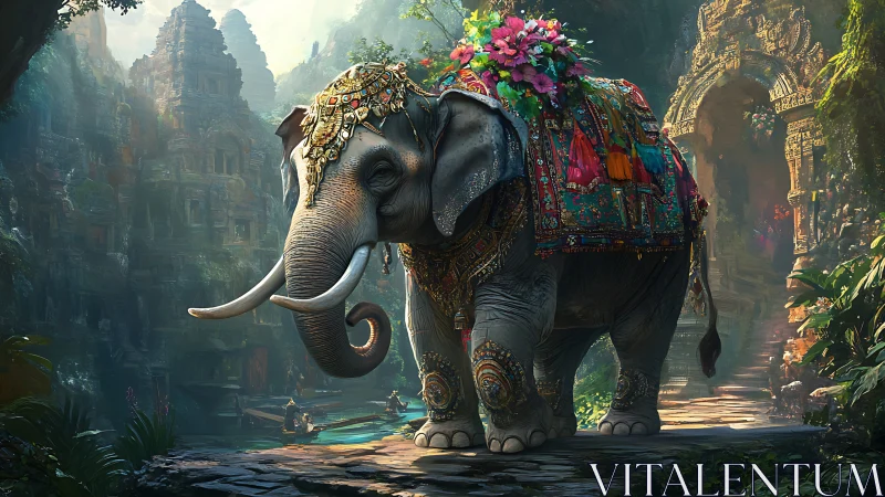 Regal decorated elephant in lush jungle temple ruins.
