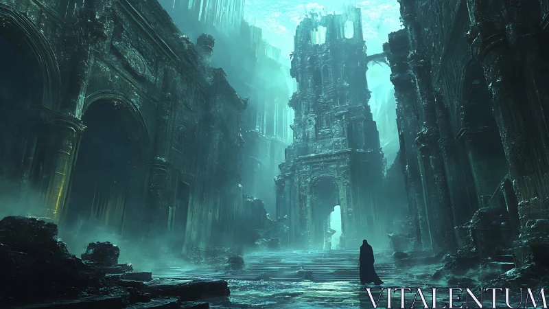 Shrouded wanderer explores towering ruins in a misty green abyss