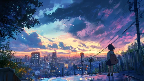 Dusk-washed city hums softly while one quiet dreamer lingers