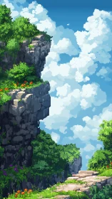 Pixel cliffside path runs beside lush foliage and clouds