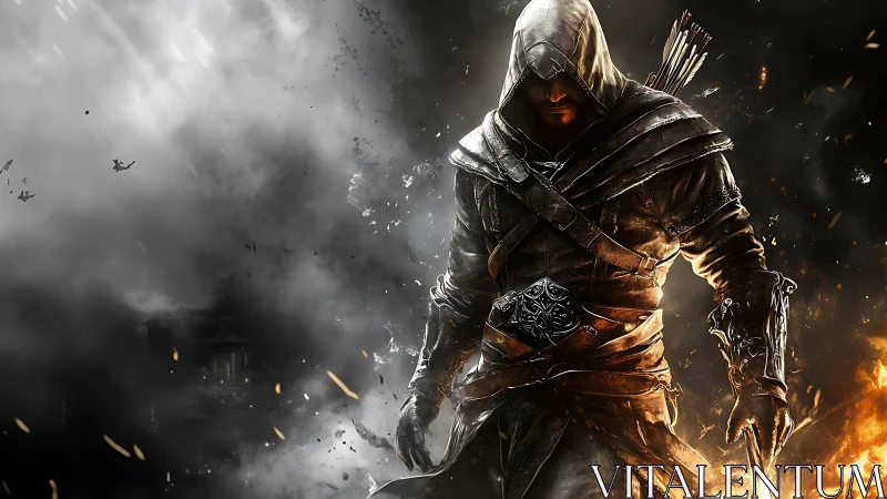 Hooded rogue strides through fire and smoke with quiet resolve.