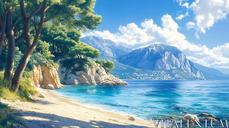 Sunlit Alpine Cove with Mountain Lake and Cypress Trees