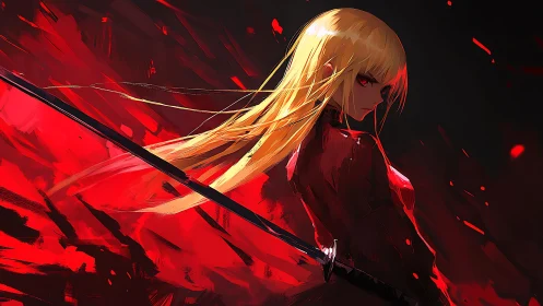 Blonde anime swordswoman in red with intense gaze.